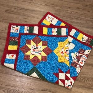 Handmade Star Patchwork Quilt Throw in Blue, Red, Yellow